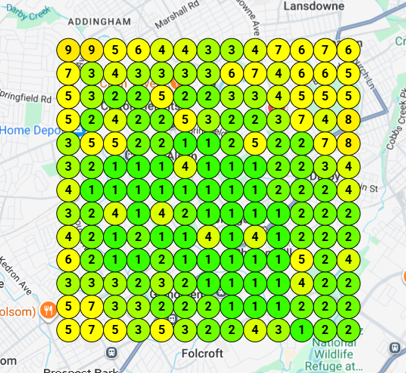 A rank tracking map showing mostly green and yellow markers, meaning the business shows up near the top of Google Maps results across most of the surrounding city