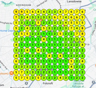 A rank tracking map showing mostly green and yellow markers, meaning the business shows up near the top of Google Maps results across most of the surrounding city